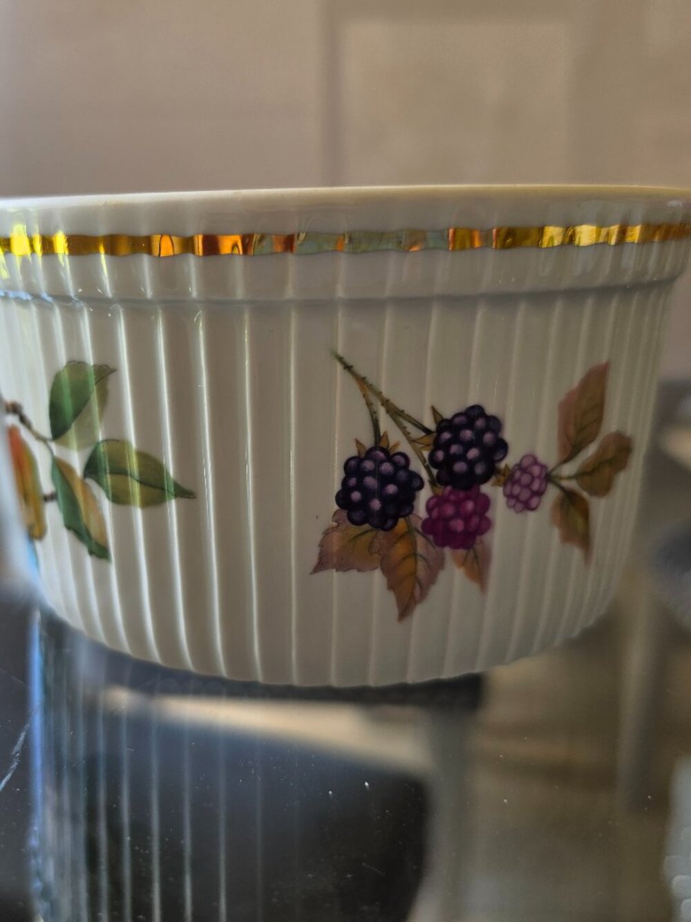 Royal Worcester Fireproof Souffle Dish shape 46 Size 3 England Fruit Gold Trim